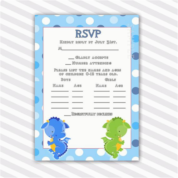 Rsvp Cards for Birthday Party Birthday Rsvp Cards Notes Polka Dots Green Blue Dragon Baby