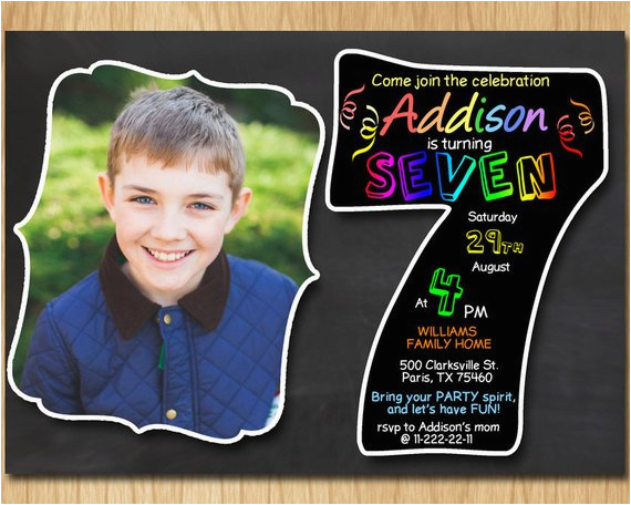Sample 7th Birthday Invitation for Boy 7th Birthday Invitation Chalkboard Invite Rainbow Colors