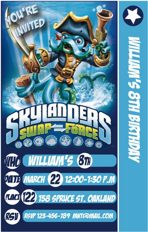 Skylander Birthday Invites Skylander Swap force Card Birthday Party Invitation