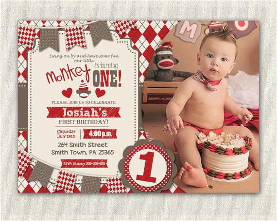 Sock Monkey First Birthday Invitations First Birthday Invitation sock Monkey Invite Boys Red