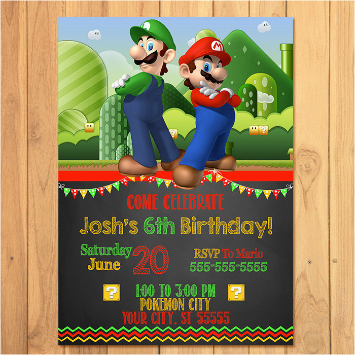 Super Mario Brothers Birthday Invitations Super Mario Brothers Invitation Chalkboard Super Mario