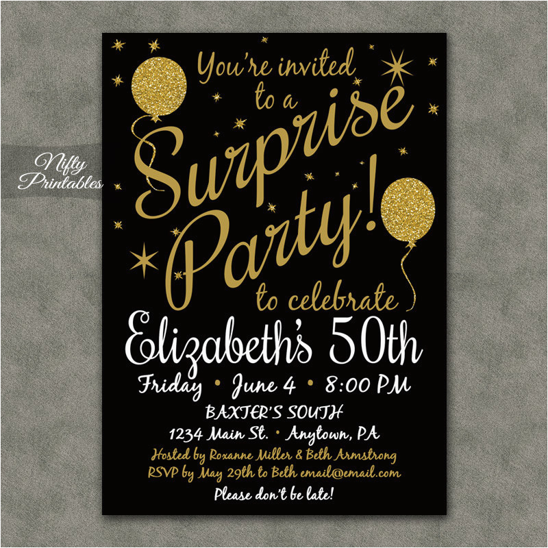 Suprise Birthday Invitations Surprise Party Invitations Printable Black Gold Surprise