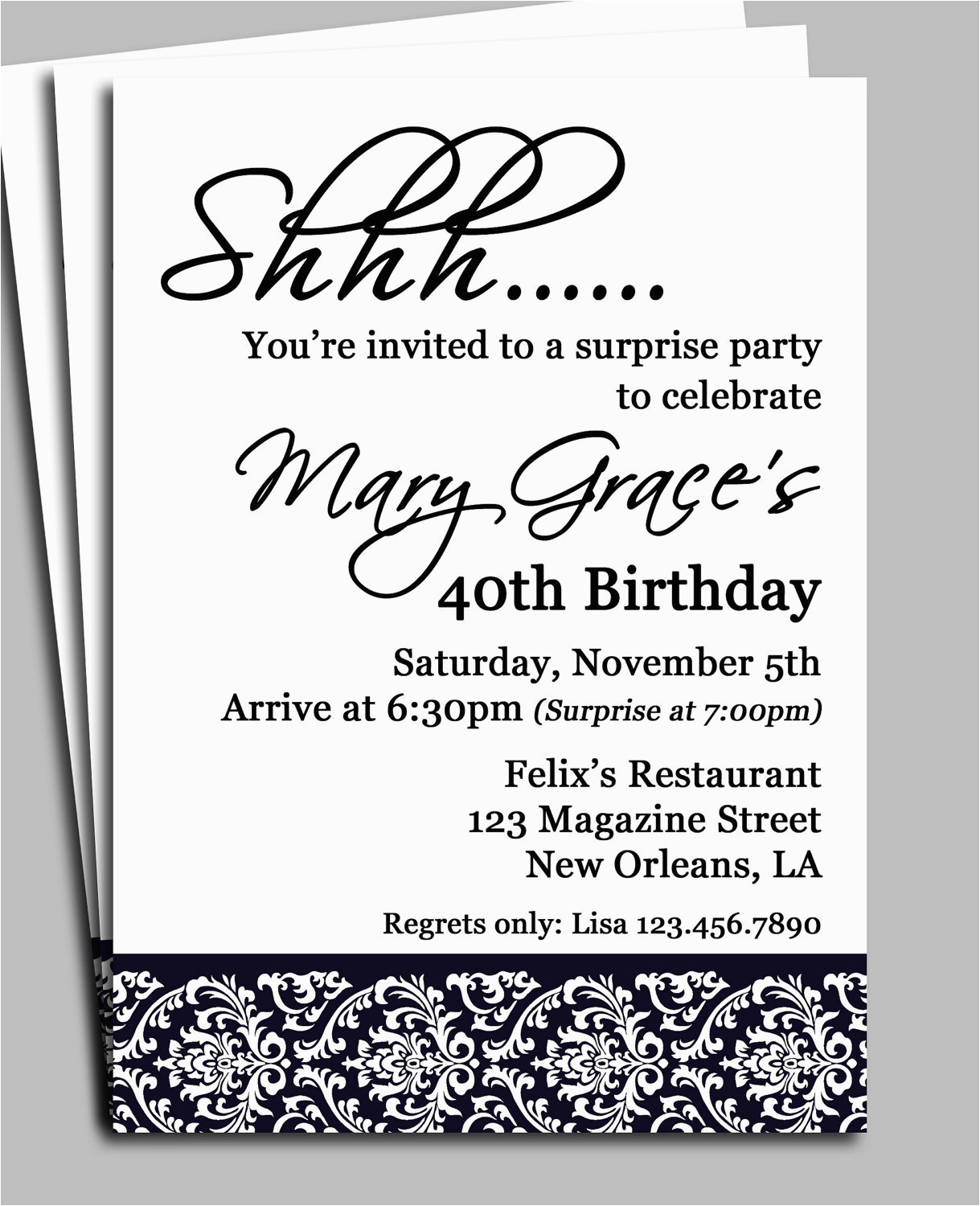 Suprise Birthday Party Invitations Black Damask Surprise Party Invitation Printable or Printed