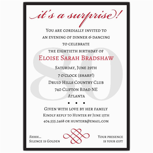 Surprise 80th Birthday Party Invitation Wording Classic 80th Birthday Red Surprise Invitations Paperstyle