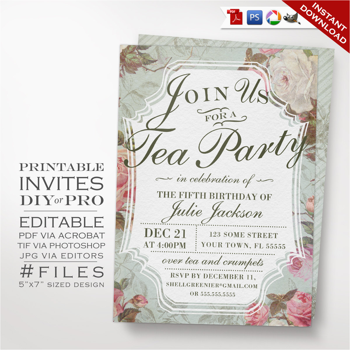 Teacup Birthday Invitations Diy Vintage Rose Tea Party theme Birthday Invitation