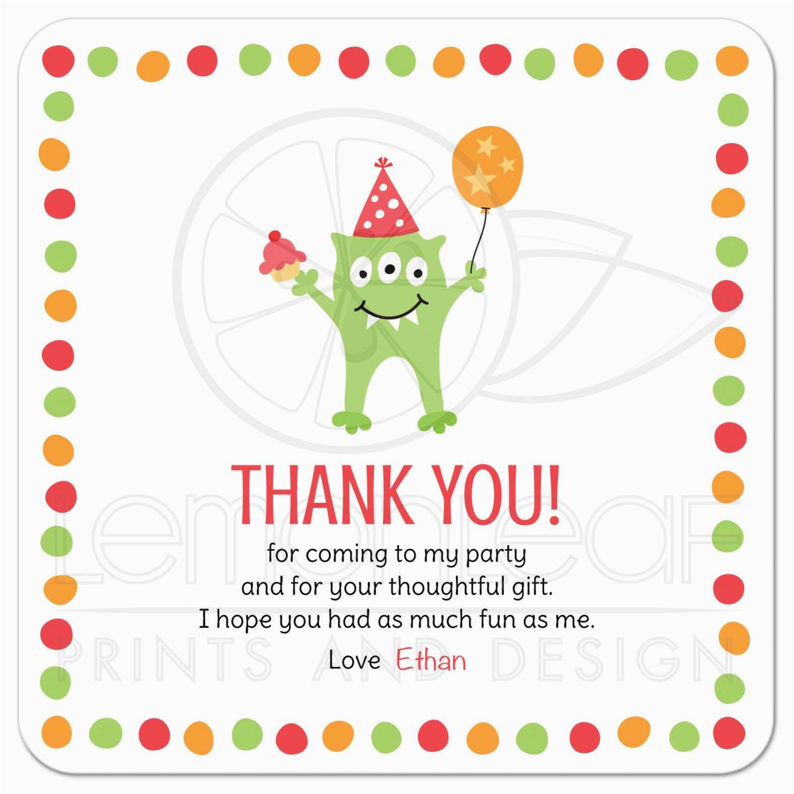 Thank You Card after Birthday Party Monster with Three Eyes Balloon and Party Hat Birthday