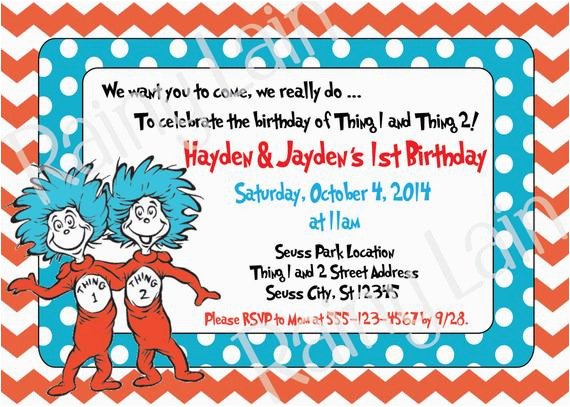 Thing One and Thing Two Birthday Invitations Thing 1 and Thing 2 Printable Twin Birthday Party Invitation