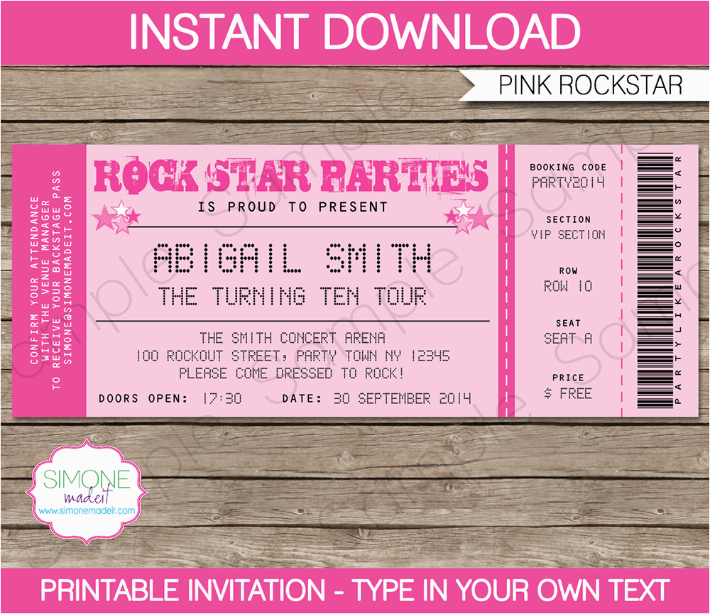 Ticket Birthday Invitation Template Rockstar Birthday Party Ticket Invitations Template Pink