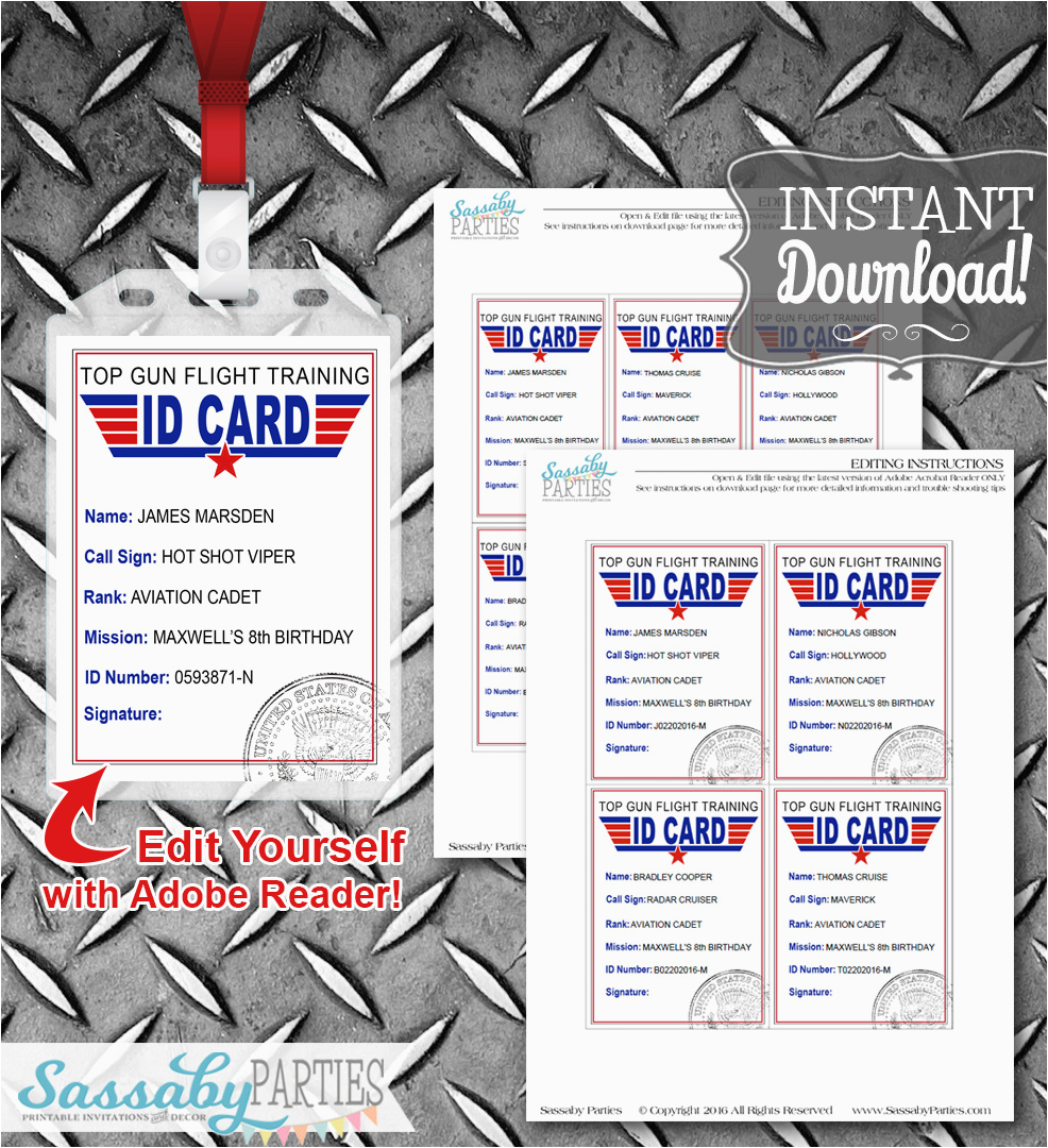 Top Gun Birthday Card top Gun Id Cards Birthday Party Tags