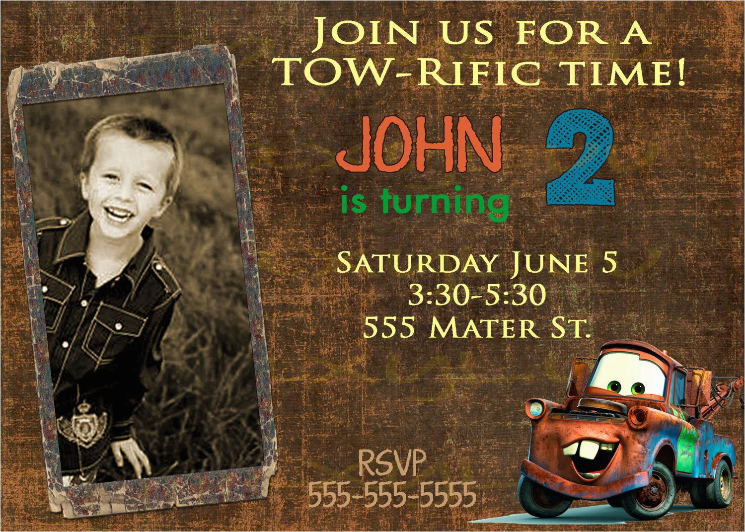 Tow Mater Birthday Invitations Disney Inspired Cars tow Mater Birthday Invitation