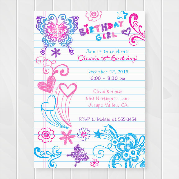 Tween Birthday Invitations Printable Free Notebook Doodles Tween Birthday Invitation Girl Birthday