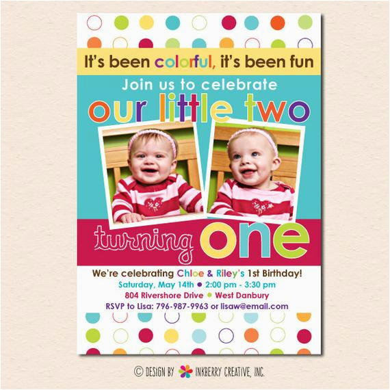 Twins First Birthday Party Invitations Colorful Fun Year Twins 39 First Birthday Party Invitation