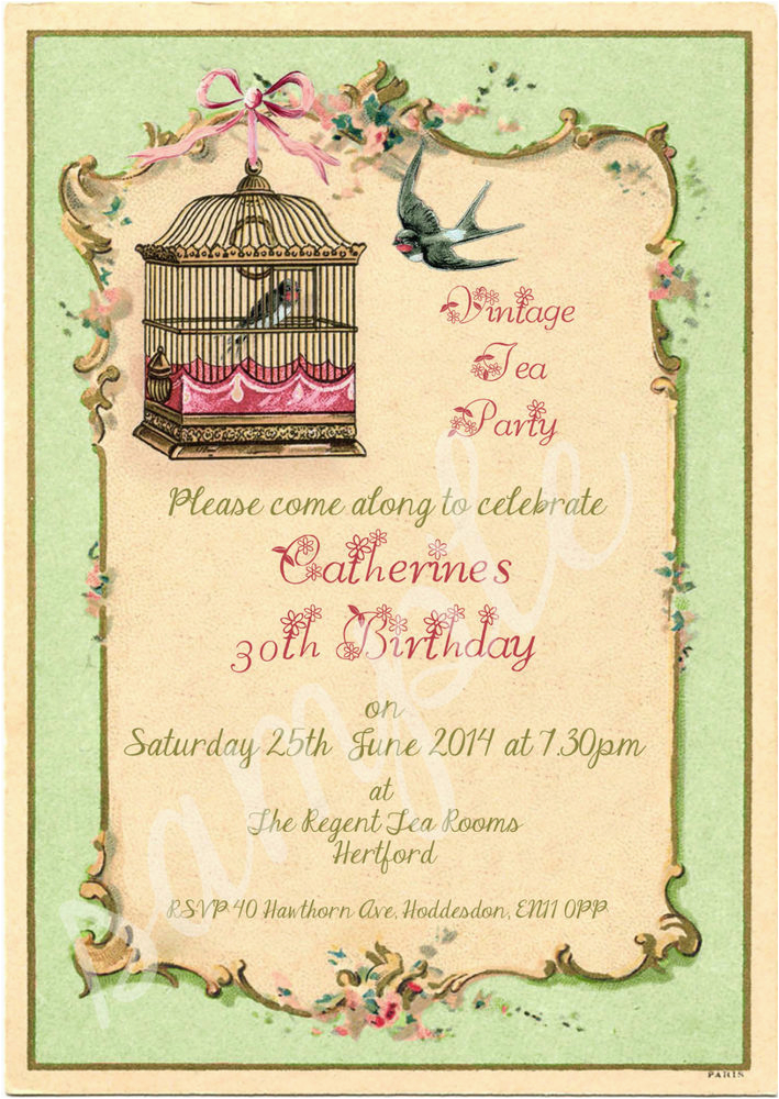 Vintage Style Birthday Invitations Any Age Shabby Chic Vintage Tea Party Birdcage Birthday