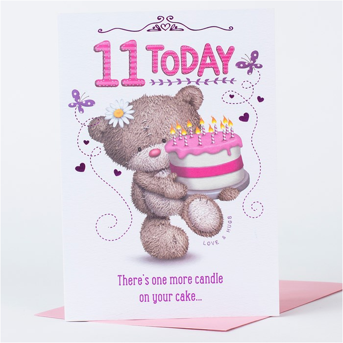 Happy 11th Birthday Girl Hugs 11th Birthday Card Bear with Cake Only 59p