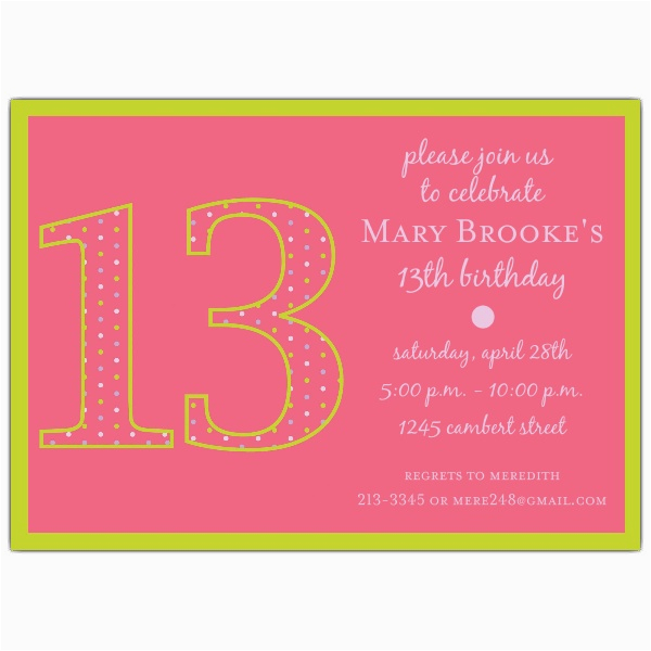 Invitation for 13th Birthday Girl 13th Birthday Girl Dots Invitations Paperstyle