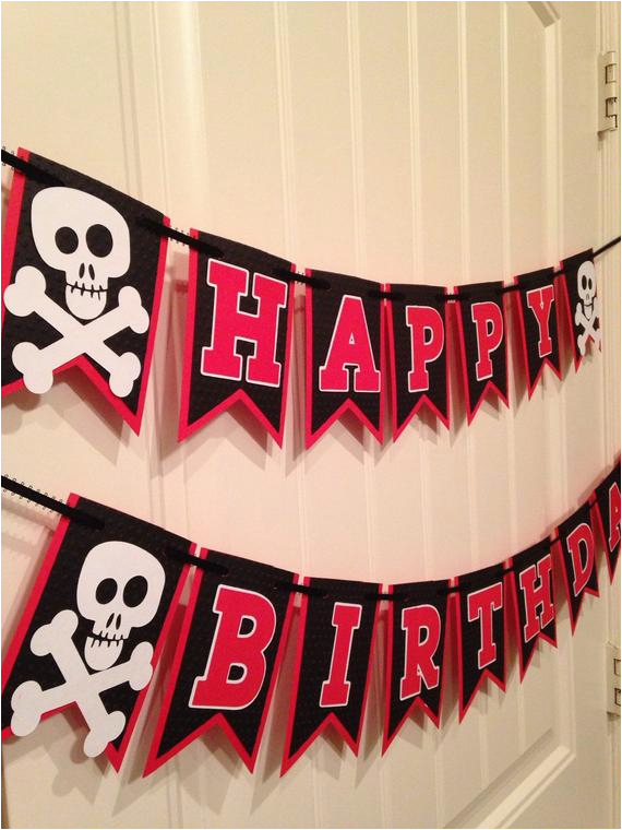 Red and Black Happy Birthday Banner Pirate Skull and Bones Happy Birthday Banner Black Red