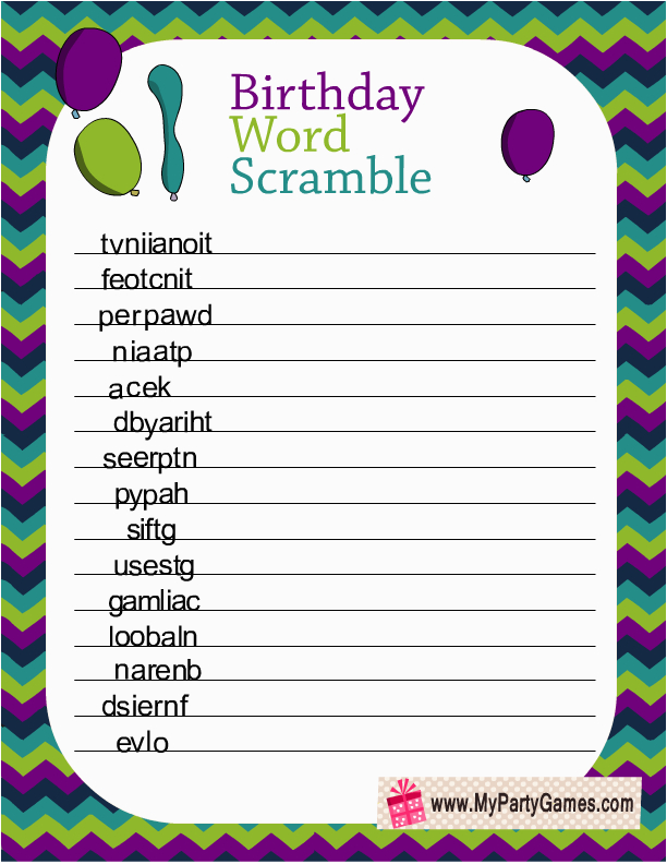 Words for A Birthday Girl Birthday Word Scramble Game Printable In Peacock Colors