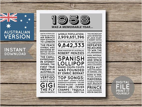 70th Birthday Present Ideas Male Australia Australian 60th Birthday Poster 1958 Poster 1958