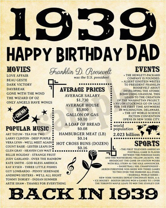 80th Birthday Gifts for Husband 1939 Fun Facts 1939 80th Birthday Party Happy Birthday