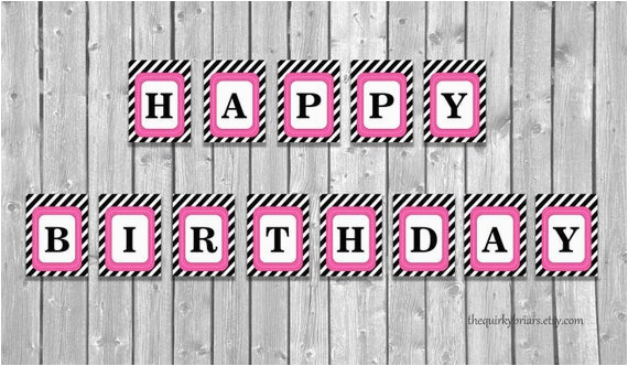 Happy Birthday Banner Printable Pdf Pink Hot Pink and Black Striped Bunting Happy Birthday Banner