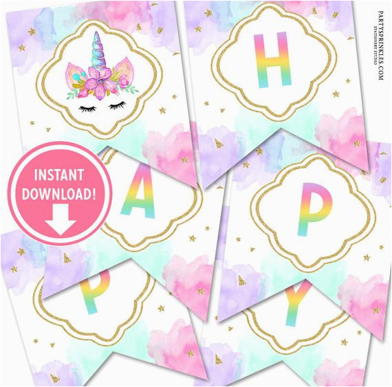 Happy Birthday Banner Unicorn Printable Printable Watercolors and Gold Unicorn Happy Birthday