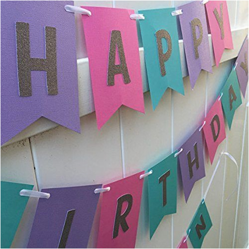 Happy Birthday Banner Violet Hot Pink Teal Purple and Silver Glitter Happy Birthday