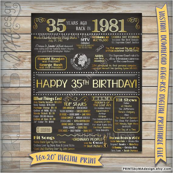 35th Birthday Present for Him 35th Birthday 1981 Chalkboard Poster Sign by Printsbymadesign