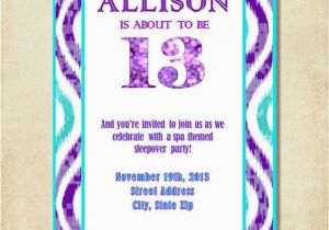 13 Year Old Birthday Party Invitations Girl 13th Birthday Party Invitation Purple Aqua by
