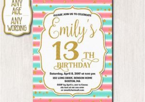 13th Birthday Invitation Wording 13th Birthday Invitation Thirteenth Birthday Gold Glitter