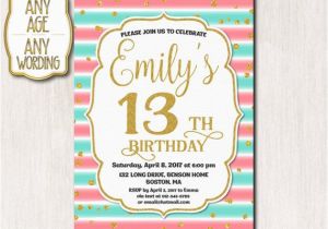 13th Birthday Party Invitation Wording 13th Birthday Invitation Thirteenth Birthday Gold Glitter