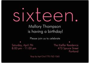 16th Birthday Invitation Wording Sixteen Pink On Black 16th Birthday Invitations Paperstyle