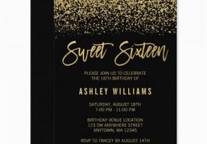 16th Birthday Party Invites Modern Black Faux Gold Glitter Sweet 16 Invitations