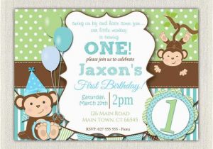 1st Birthday Monkey Invitations Boys Blue and Green Monkey 1st Birthday Invitation