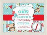 1st Birthday Monkey Invitations Boys Blue and Red Monkey 1st Birthday Invitation