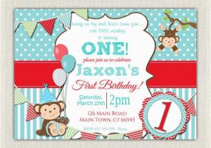 1st Birthday Monkey Invitations Boys Blue and Red Monkey 1st Birthday Invitation