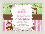 1st Birthday Monkey Invitations Girls Pink and Green Monkey 1st Birthday Invitation