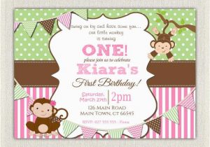 1st Birthday Monkey Invitations Girls Pink and Green Monkey 1st Birthday Invitation