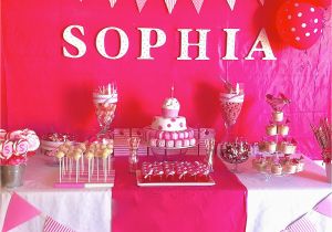 1st Birthday Party Table Decorations Party Ideas Pink Spots and Stripes themed Girls First