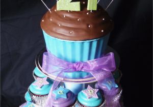 21st Birthday Cupcake Decorations Blue Purple and Green themed 21st Giant Cupcake tower