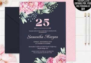 25th Birthday Invite Navy 25th Birthday Invitation Template Printable Pink