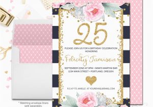 25th Birthday Invite Navy and Pink Floral 25th Birthday Invitation by