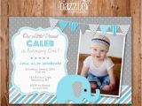 2nd Birthday Thank You Card Wording Boy Elephant First Birthday Photo Invitation Blue and