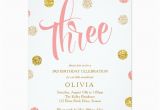 3rd Birthday Invitation Cards Third Birthday Invitation Pink and Gold Card Zazzle Com