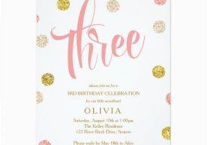 3rd Birthday Invitation Cards Third Birthday Invitation Pink and Gold Card Zazzle Com