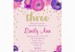 3rd Birthday Invites for Girl 3rd Birthday Invitation Girl Pink Purple Gold Zazzle Com