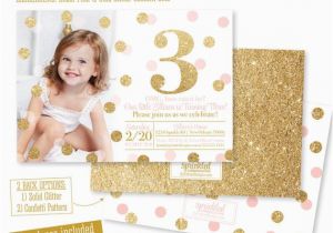 3rd Birthday Invites for Girl Pink and Gold 3rd Birthday Girl Invitation Photo Card Blush