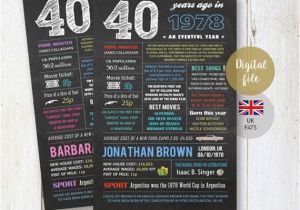 40th Birthday Present for Him Uk Uk Fun Facts 1978 Personalized 40th Birthday Gift for Wife