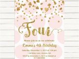 4th Birthday Invitation Cards Pink and Gold 4th Birthday Invitation Girl Any Age Pink