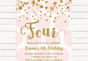 4th Birthday Invitation Cards Pink and Gold 4th Birthday Invitation Girl Any Age Pink