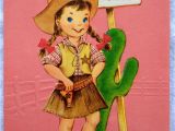 50s Birthday Card Pink Little Cowgirl Hat Boots Cactus Embossed 50s Vintage